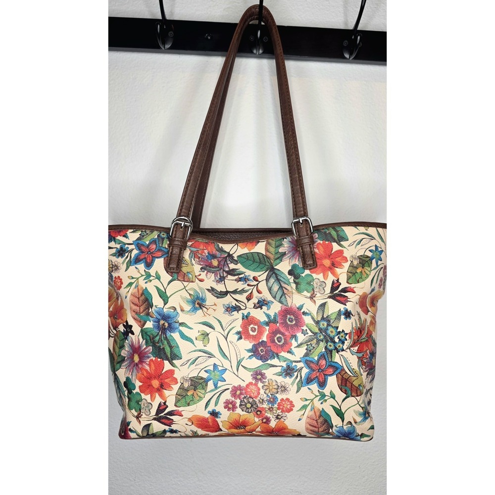 Bueno Floral Tote Bag Vegan Leather Shoulder Purse Brown Straps Flower Print M/L
